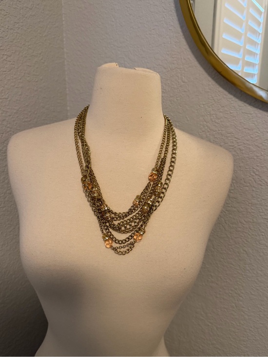 Source Unknown Jewelry - Vintage Multi-Strand Gold-Tone Necklace with Amber Beads